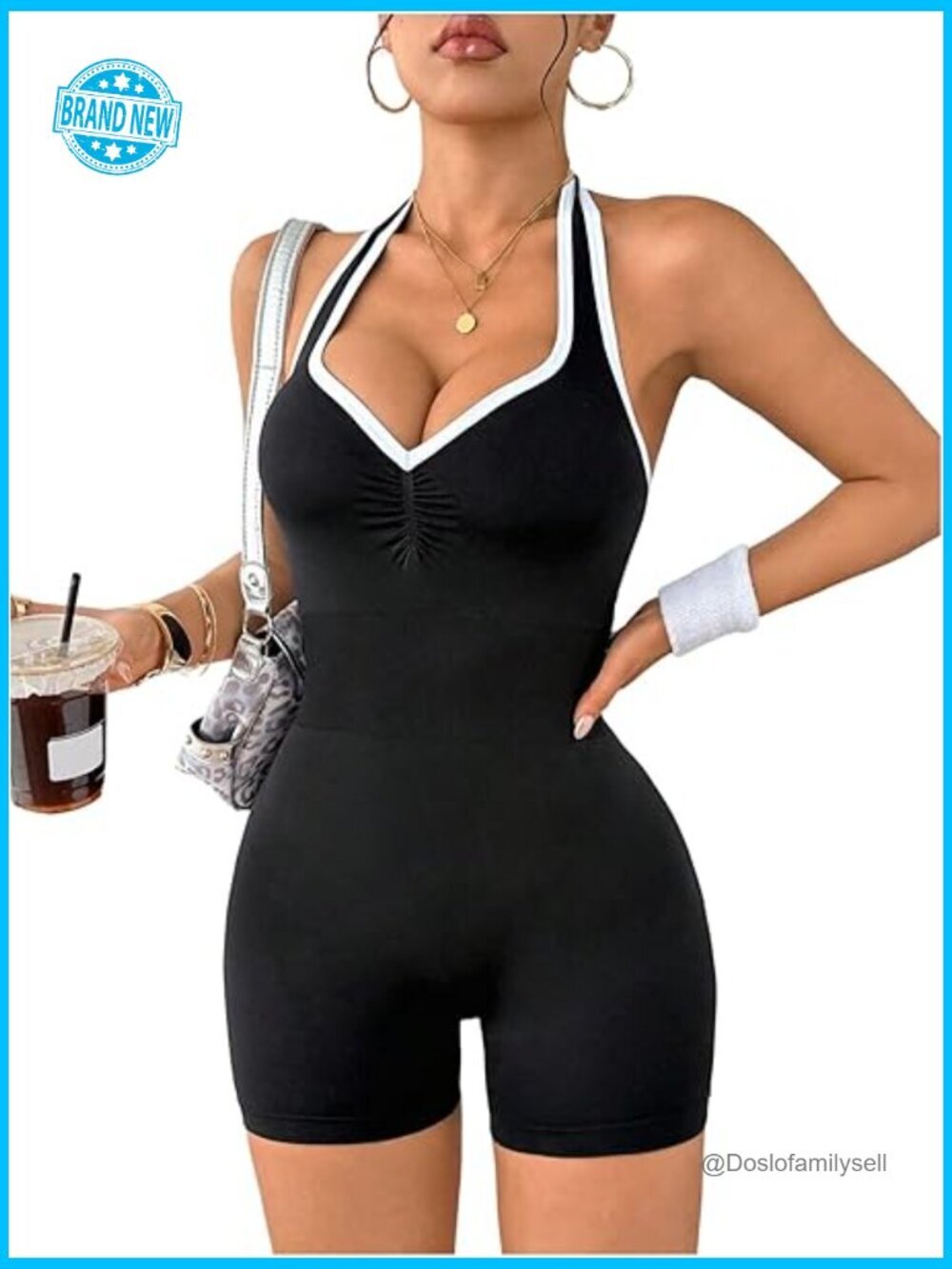 Women's Halter Romper Backless Color Block Ruched Yoga Jumpsuit